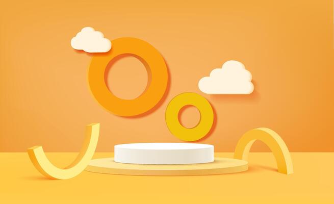 White cylinder podium pedestal on orange background 3d illustration empty display scene presentation for product placement