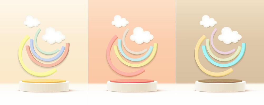 Set of yellow, orange and brown realistic 3d cylinder stand podium with abstract scene. Abstract vector rendering geometric forms. Minimal scene. Stage showcase, Product display mockup