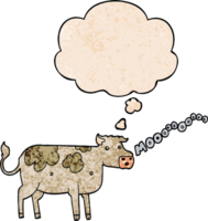 dibujos animados vaca con pensamiento burbuja en grunge textura estilo png