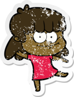 distressed sticker of a cartoon smiling woman png