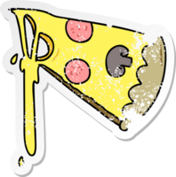 distressed sticker of a quirky hand drawn cartoon slice of pizza png