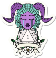 sticker of a crying tiefling face with natural 1 D20 Dice png