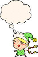 cartoon happy christmas elf with thought bubble in comic book style png