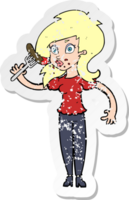 retro distressed sticker of a cartoon woman eating hotdog png