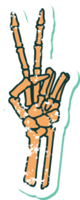 iconic distressed sticker tattoo style image of a skeleton giving a peace sign png