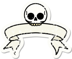 worn old sticker with banner of a skull png