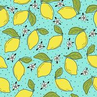 Hand drawn vector seamless pattern with lemon, leaves and flower in sketch style.