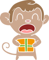 singe de dessin animé de style couleur plat criant portant un cadeau de noël png