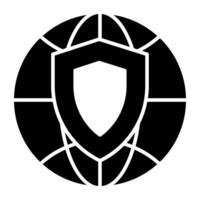 Global security icon in solid design, shield with globe vector