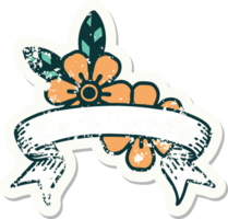 worn old sticker with banner of flowers png