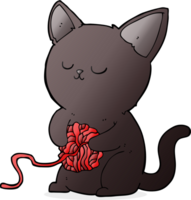 cartoon cute black cat playing with ball of yarn png