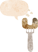 cartoon sausage on fork with speech bubble in grunge distressed retro textured style png