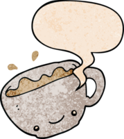 cartoon cup of coffee with speech bubble in retro texture style png