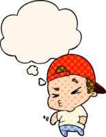 cartoon cool kid with thought bubble in comic book style png