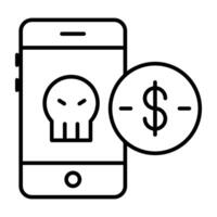 Skull inside mobile with dollar, icon of hacked money vector