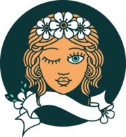 tattoo style icon with banner of a maidens face winking png