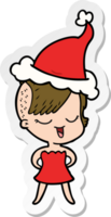 happy hand drawn sticker cartoon of a girl in cocktail dress wearing santa hat png