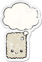 cartoon biscuit with thought bubble as a distressed worn sticker png