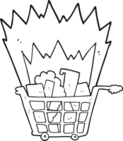 hand drawn black and white cartoon shopping trolley png