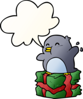 cartoon penguin on wrapped present with speech bubble in smooth gradient style png