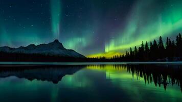 ai generado hermosa ver de el lago a noche con el silueta de el bosque y el belleza de el cielo con el ligero de el Aurora foto