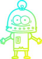 cold gradient line drawing of a happy carton robot with light bulb png