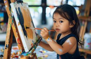 ai generado un pequeño joven niña artista felizmente pintura en un caballete, celebrar artístico día foto