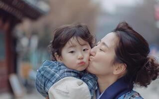 ai generado un madre Besos su niño mejilla, dulce Beso foto