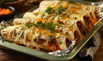 AI generated A tray of meat enchiladas ready to eat, mexican food stock photo