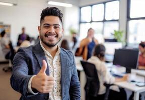 AI generated A corporate office professional man showing approval with thumbs up gesture, labour day picture photo