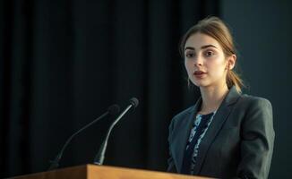 AI generated Young woman in business suit stands at podium speaking confidently, labour day image photo