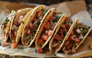 AI generated A stack of tacos served on a restaurant table, tasty mexican dish image photo