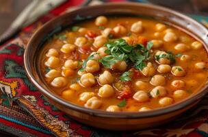 AI generated A bowl of garbanzo bean soup served on a table, authentic mexican cuisine image photo