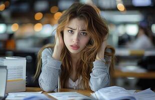 AI generated Stressed young businesswoman at checkout counter, inflation worldwide photo