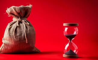 AI generated Money sack and hourglass on red background, inflation worldwide photo