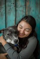 ai generado un mujer felizmente abrazos su perro, puro conexión foto