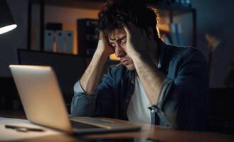 AI generated A man looks stressed at his laptop screen on a desktop, labour day background photo