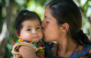 AI generated A mother loving kiss with her baby outside, world kissing day idea photo