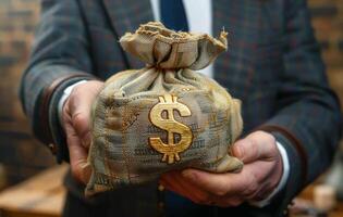 AI generated Businessman holding dollar money bag in photo, inflation rate concept photo