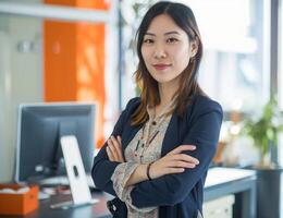 AI generated A businesswoman stands confidently with crossed arms at an office desk, labour day design photo