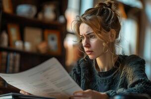 AI generated Stressed woman sits at desk looking at paper, inflation rate concept photo