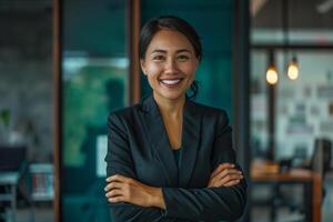 AI generated A smiling businesswoman stands confidently in an office arms folded, labour day banner photo