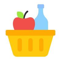 Apple and bottle inside bucket, icon of grocery basket vector
