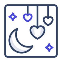Hanging hearts with moon, icon of valentine night vector