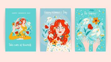 Set of cards with women, flowers and birds. Vector design concept for International Women s Day and other use