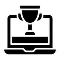 Trophy cup inside laptop, online award icon vector