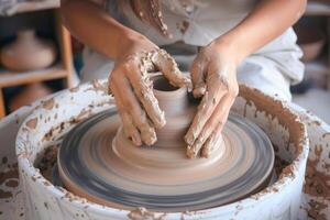 AI generated Person making pottery on a wheel, celebrate artistic day photo