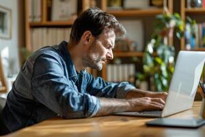 AI generated A man looks stressed at his desk with a laptop, labour day background photo