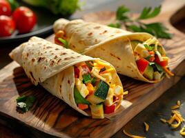 AI generated Tortillas served with vegetables and cheese wrapped on wooden board, mexican food background image photo