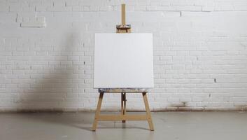 AI generated An easel stands against a white brick wall, world art day artwork photo